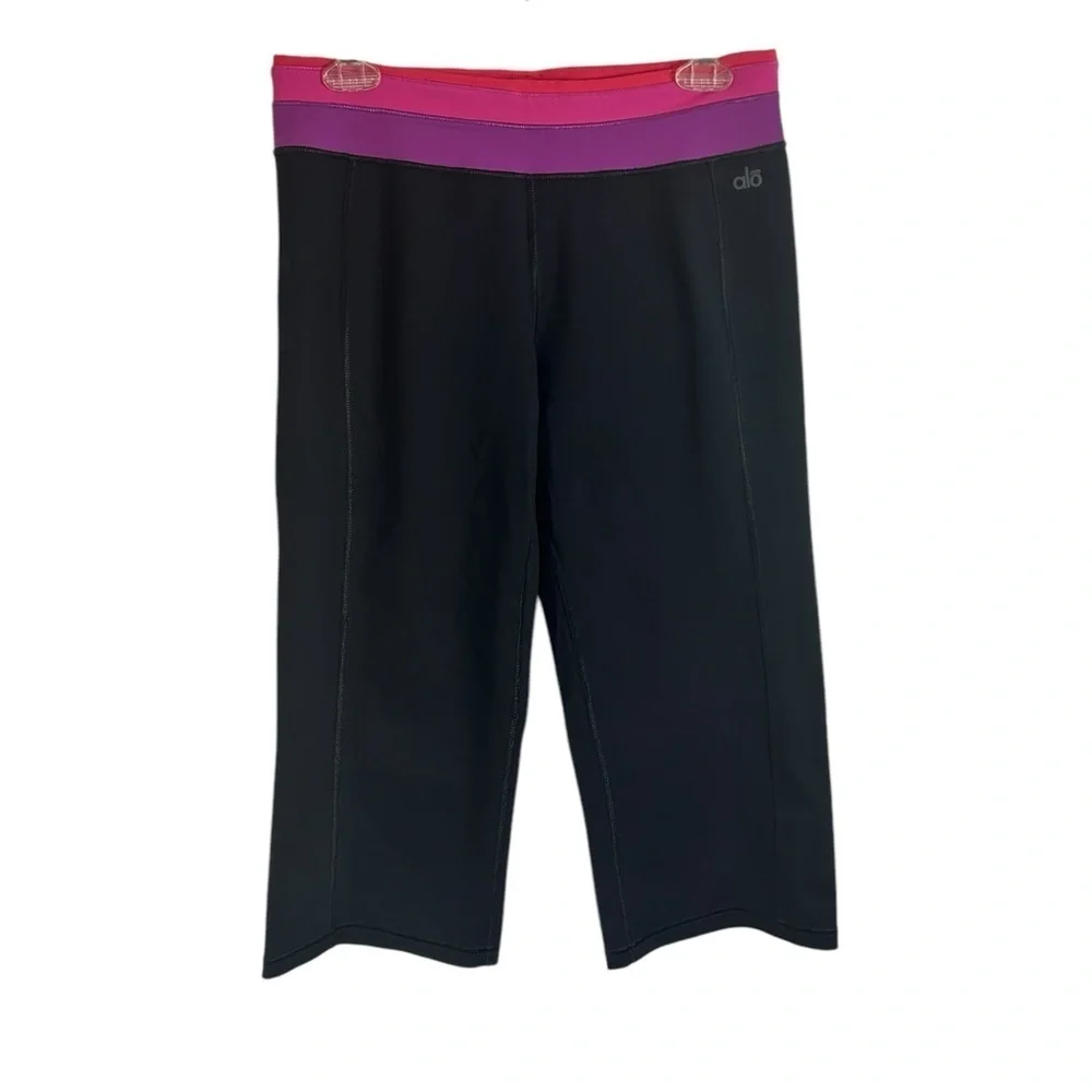 Alo Black & Pink Purple Colorblock Waist Activewear Capri Leggings Womens Medium